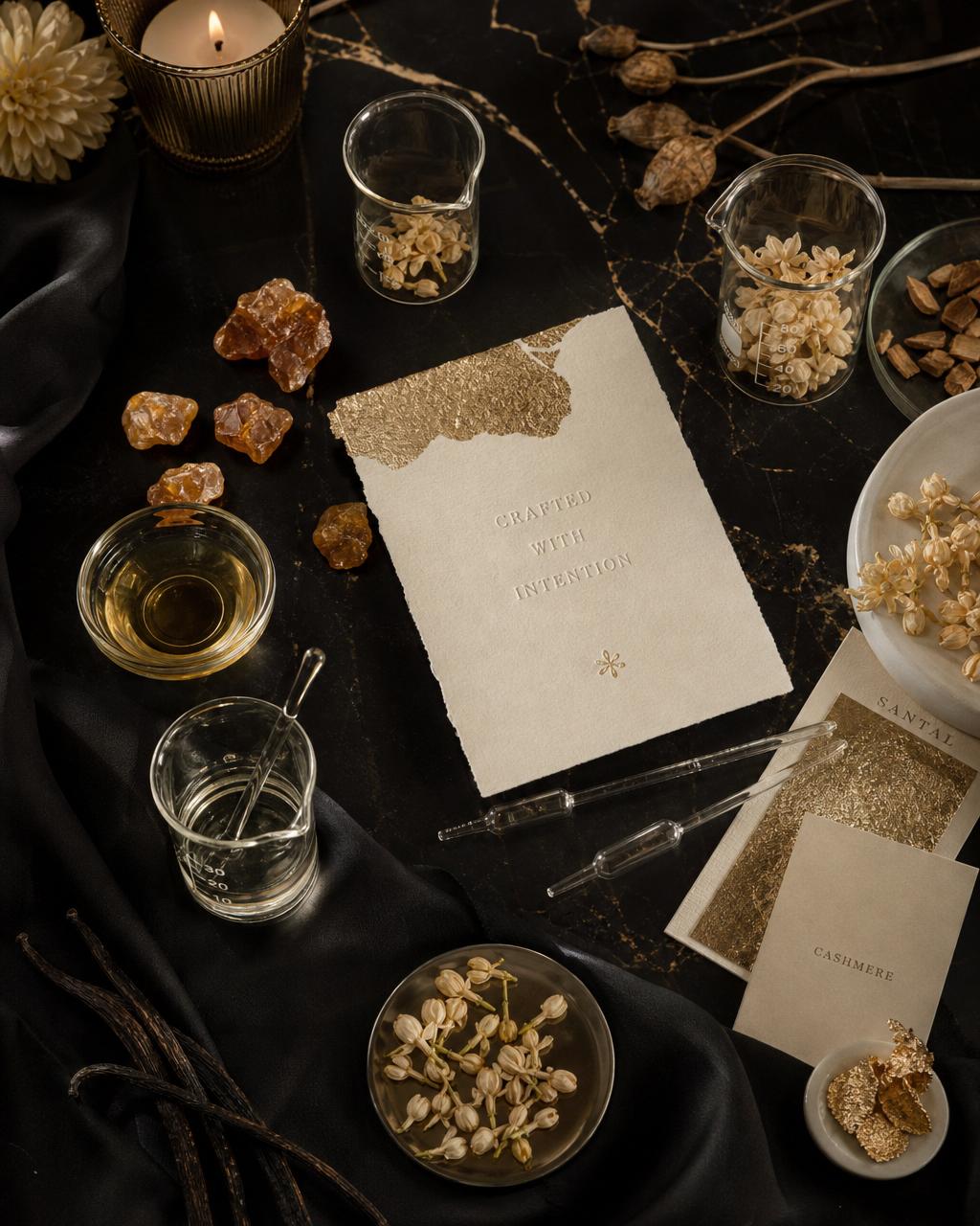 Luxury fragrance craft flatlay with glass beakers, botanicals, vanilla beans, amber resin, and champagne gold details on black marble